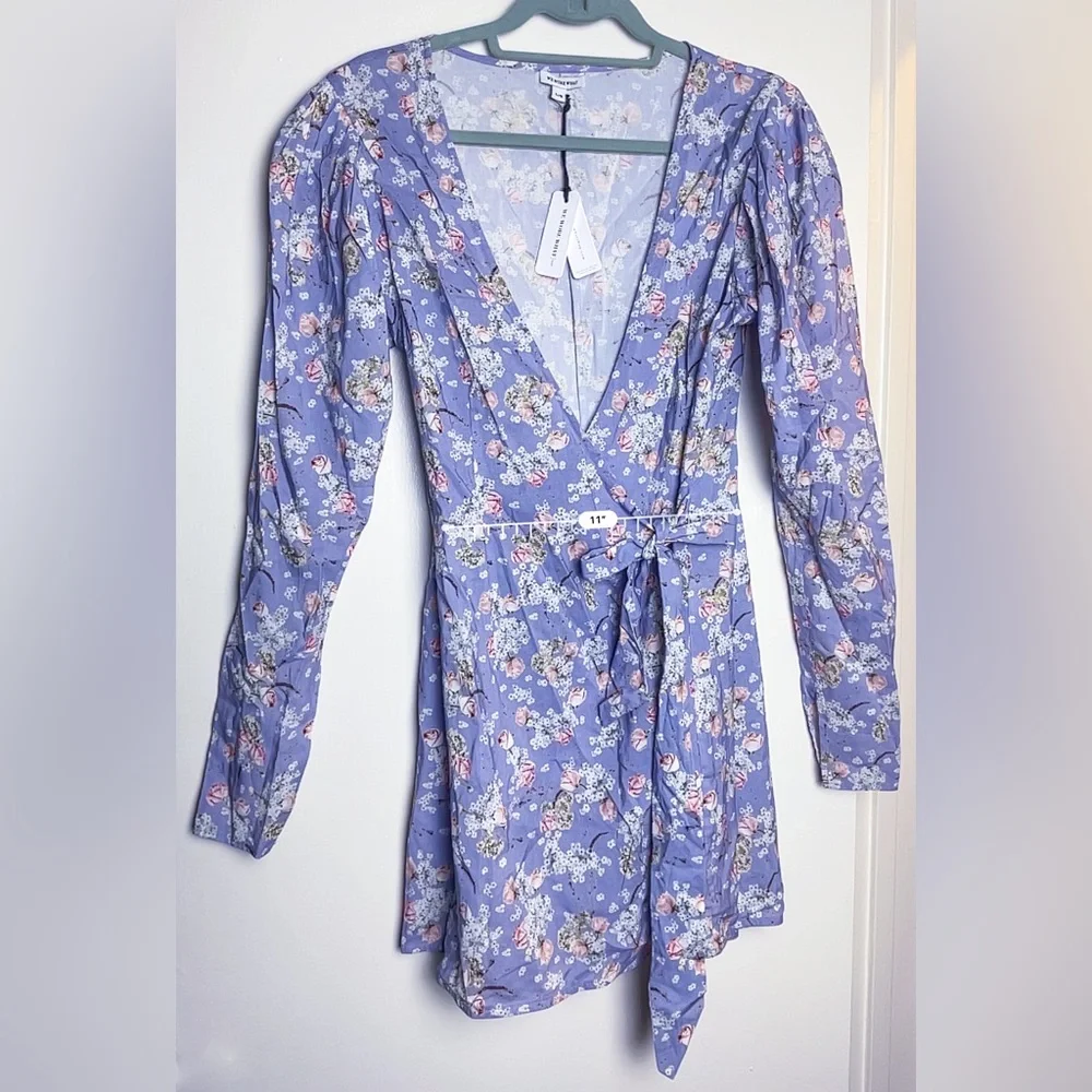 Sexy Summery WeWoreWhat Blanca Floral & Periwinkle Puff-Sleeve Wrap Mini Dress - Picture 11 of 12